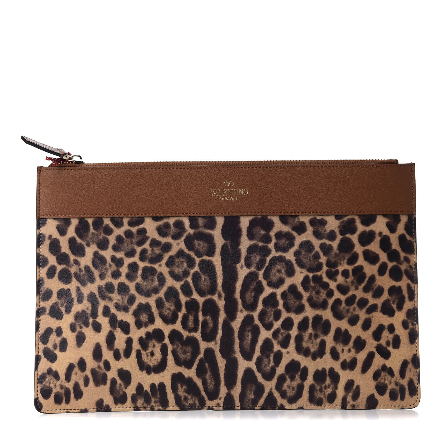 Valentino Garavani Calfskin Leopard Print City Safari Large Pouch Brown 1 of 8