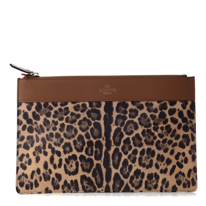 Valentino Garavani Calfskin Leopard Print City Safari Large Pouch Brown 1 of 8