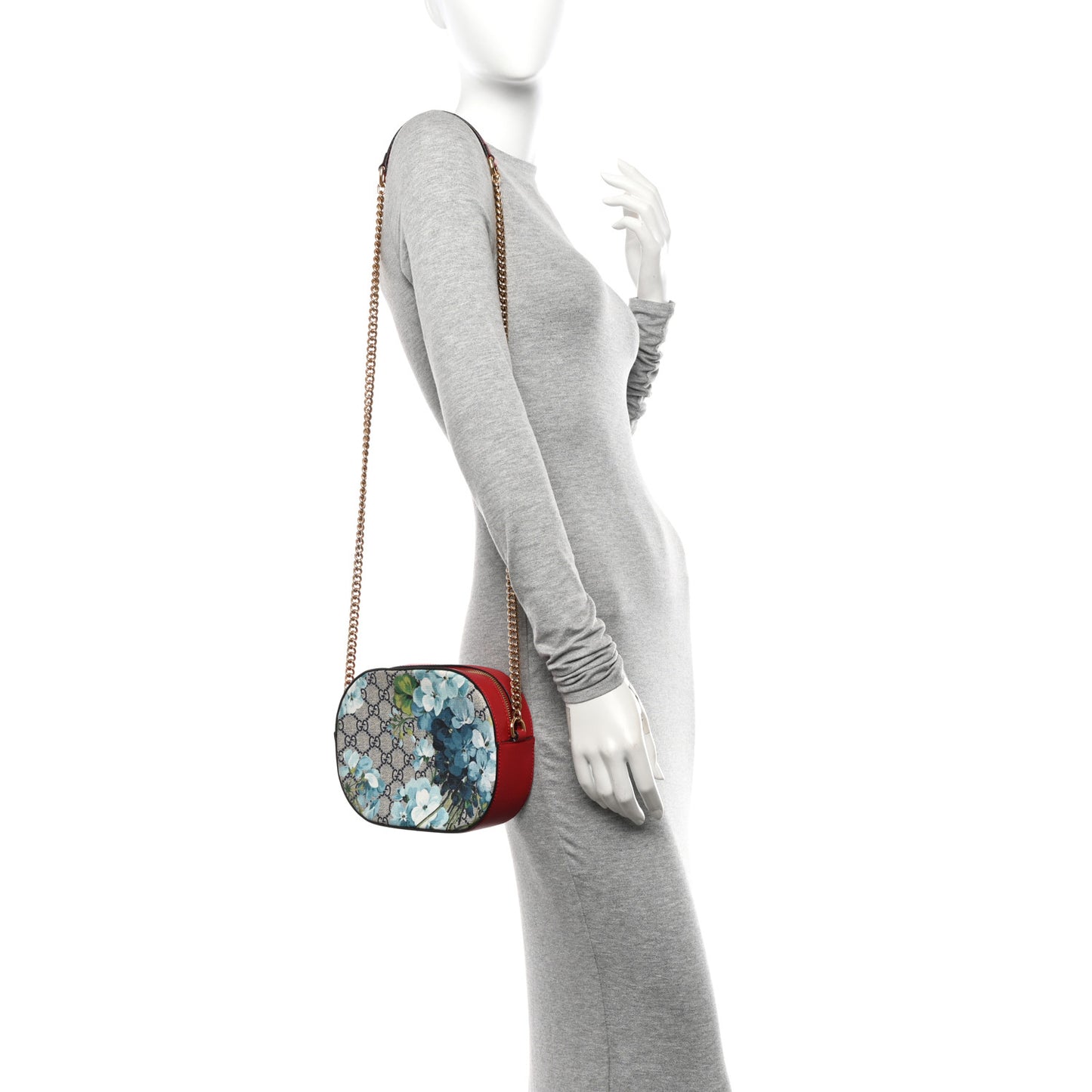 GG Supreme Monogram Blooms Mini Chain Shoulder Bag Beige Blue Navy Hibiscus Red