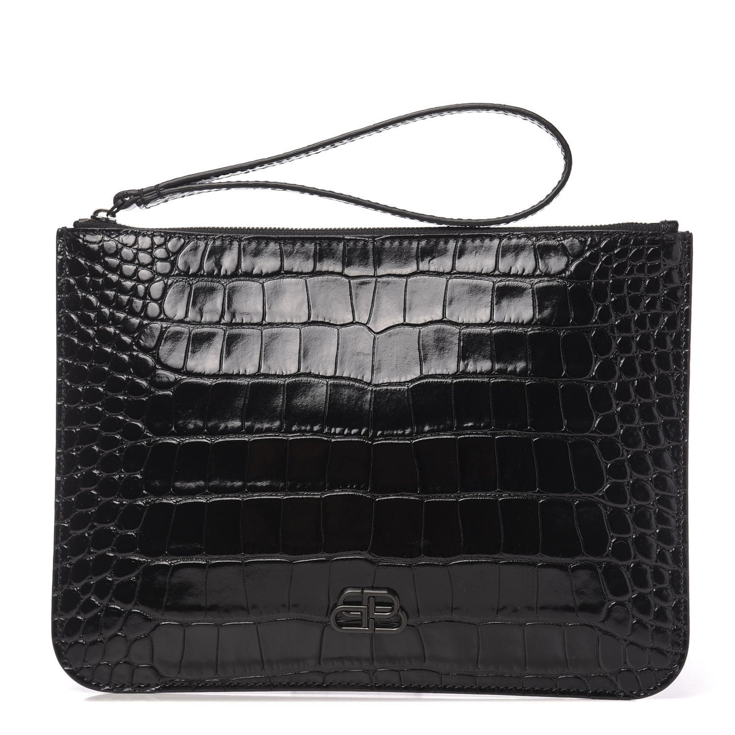 Extra Supple Calfskin Monochrome Crocodile Embossed BB Wristlet Pouch Black