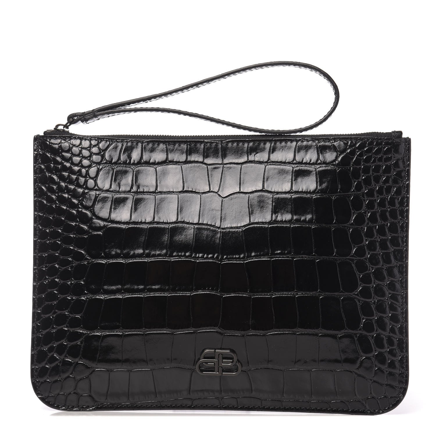 Balenciaga Extra Supple Calfskin Monochrome Crocodile Embossed BB Wristlet Pouch Black 1 of 6