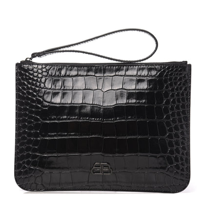 Balenciaga Extra Supple Calfskin Monochrome Crocodile Embossed BB Wristlet Pouch Black 1 of 6