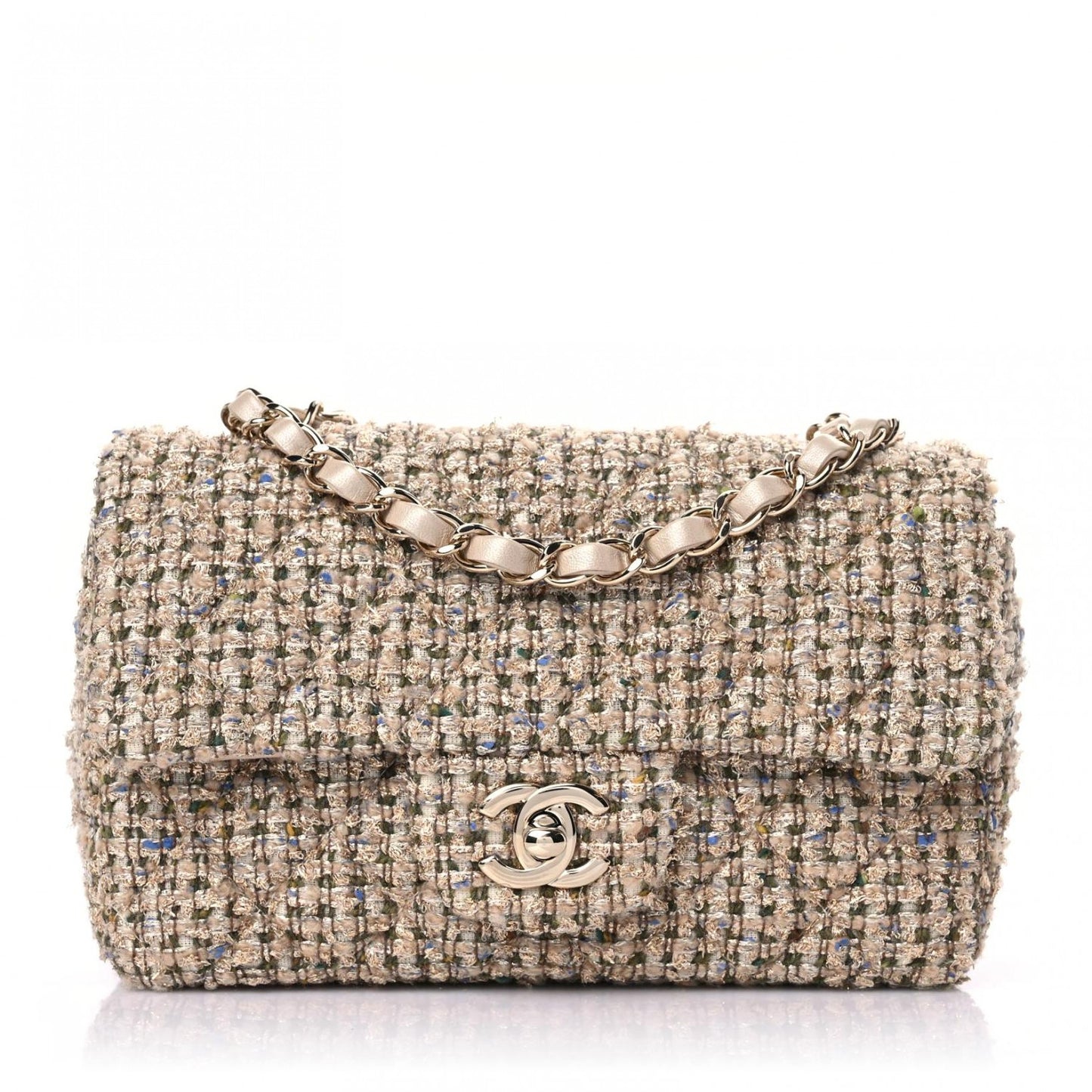 Tweed Quilted Mini Rectangular Flap Beige