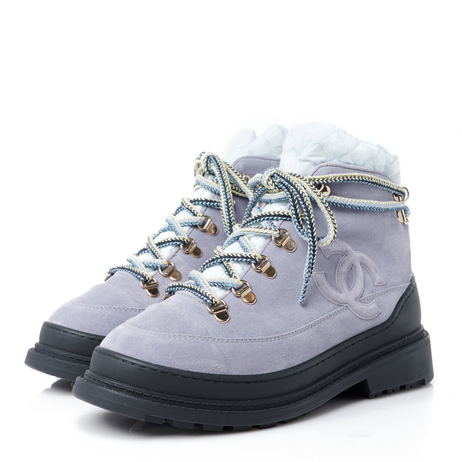 Chanel Suede Nylon Lace Up Snow Boots 38 Grey Blue 3 of 10