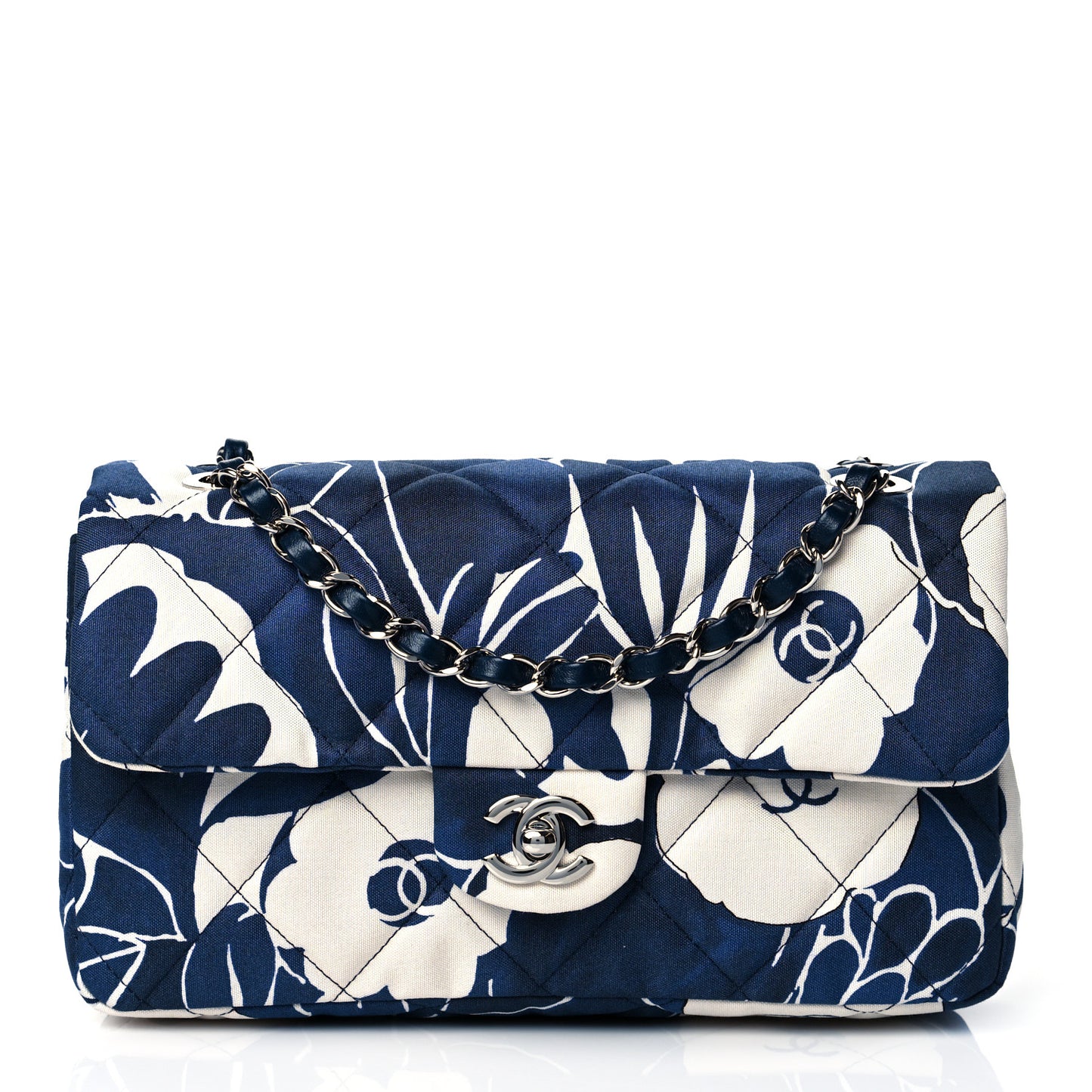 Floral Printed Silk CC Medium Single Flap Navy Blue White