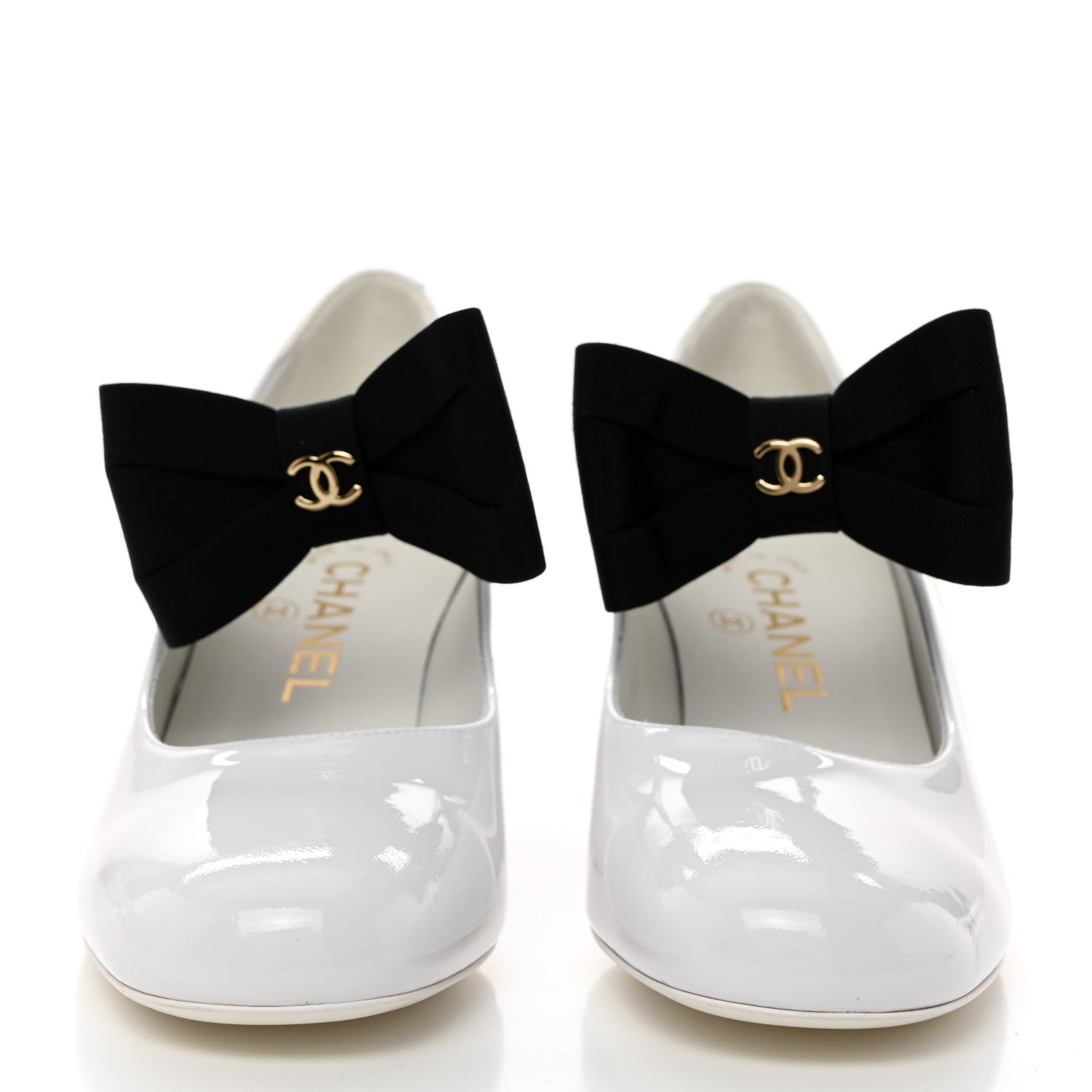 Chanel Patent Calfskin Grosgrain Bow Mary Jane Pumps 37 White Black 2 of 8