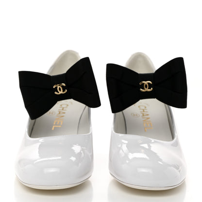 Chanel Patent Calfskin Grosgrain Bow Mary Jane Pumps 37 White Black 2 of 8