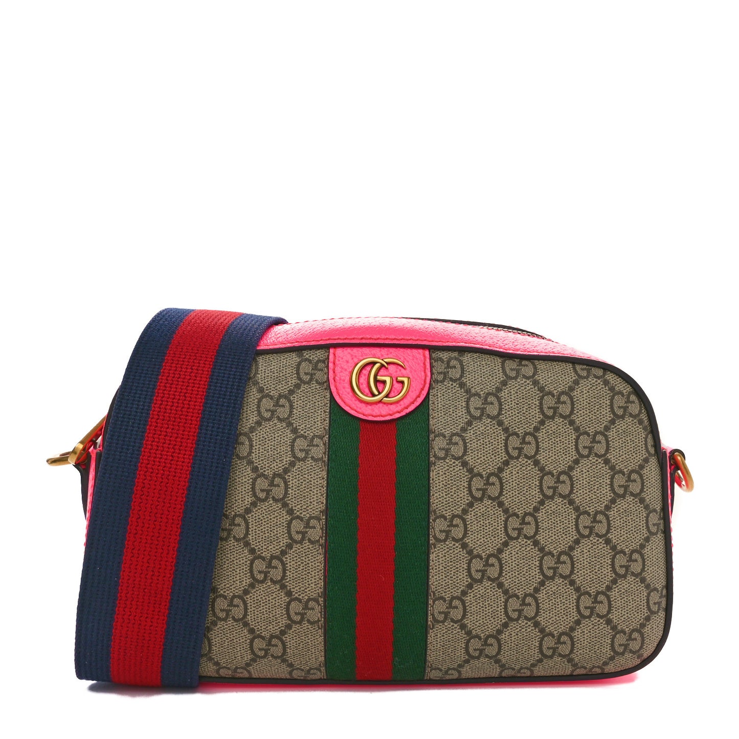 GG Supreme Monogram Textured Dollar Calfskin Web Ophidia Small Crossbody Bag Beige Ebony Fuchsia
