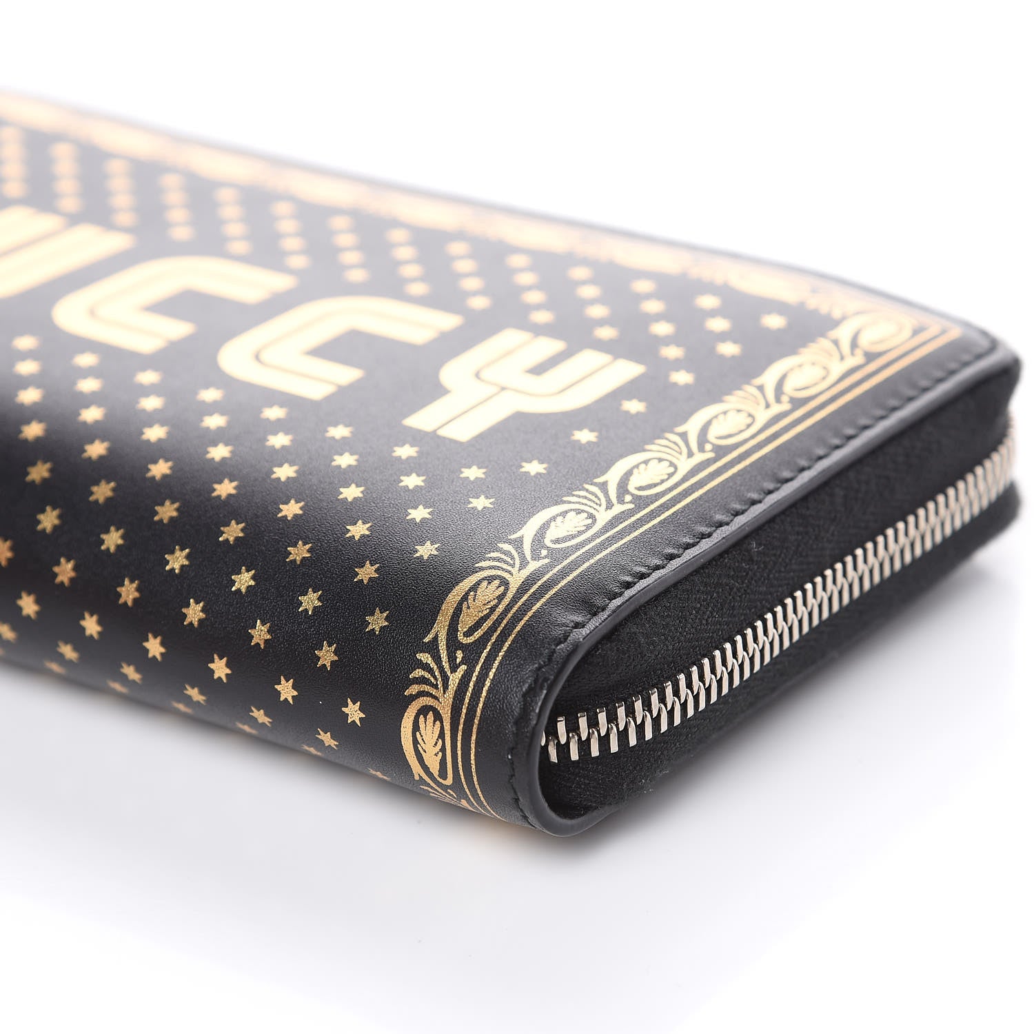 Gucci X SEGA Calfskin GUCCY Stars Zip Around Wallet Black Gold 8 of 10