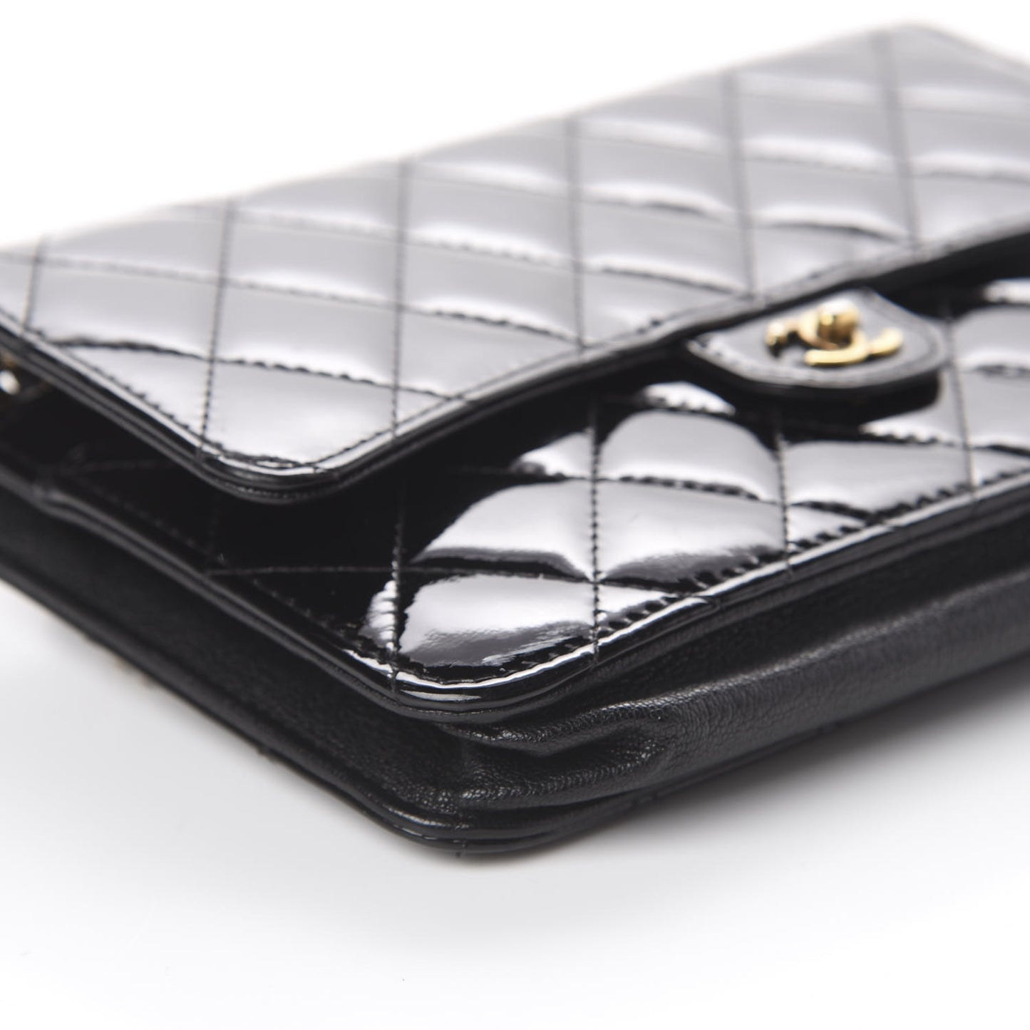 Patent Goatskin Quilted CC Eyelet Wallet On Chain WOC Black