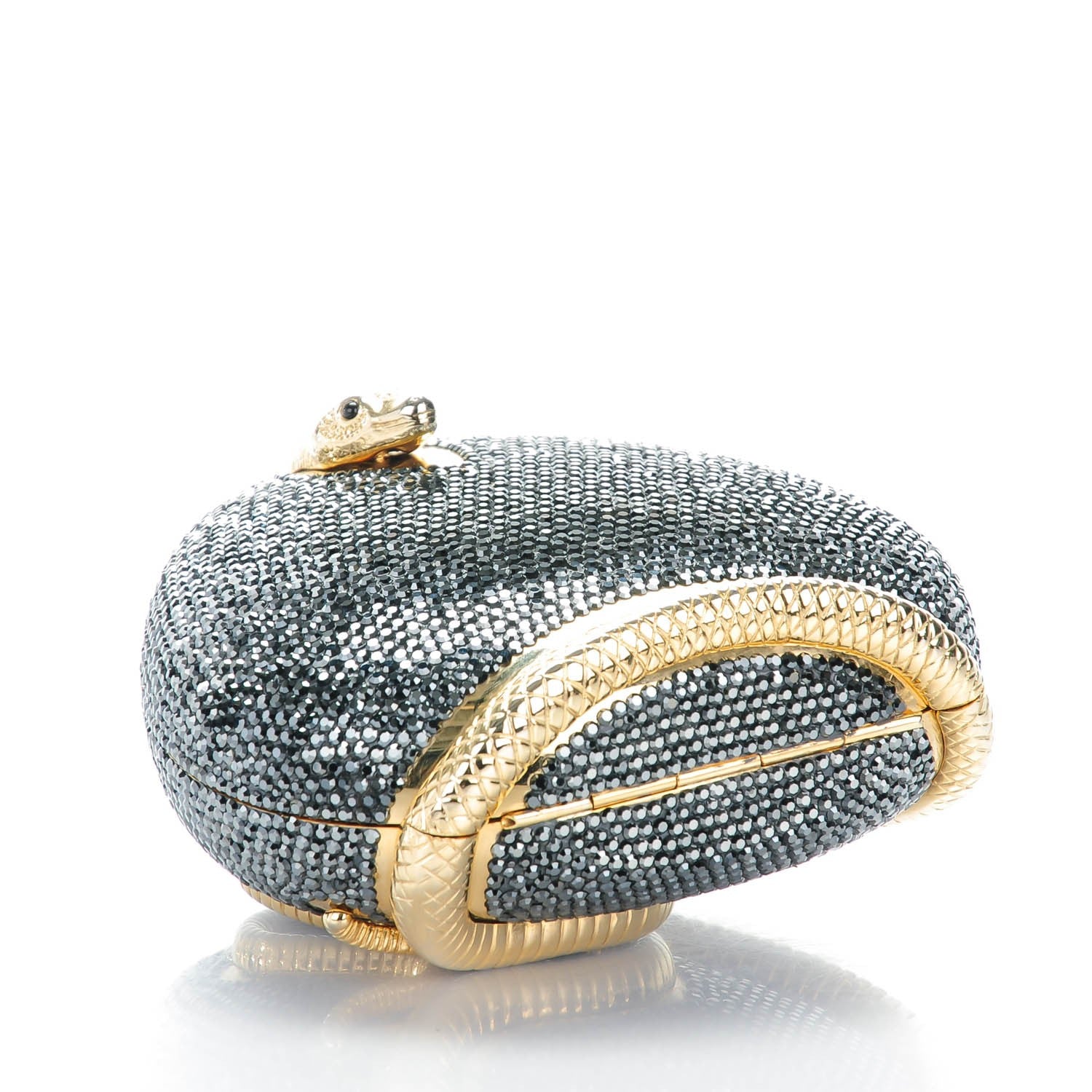 Judith Leiber Swarovski Crystal Snake Minaudiere Box Clutch Gold Black 4 of 7