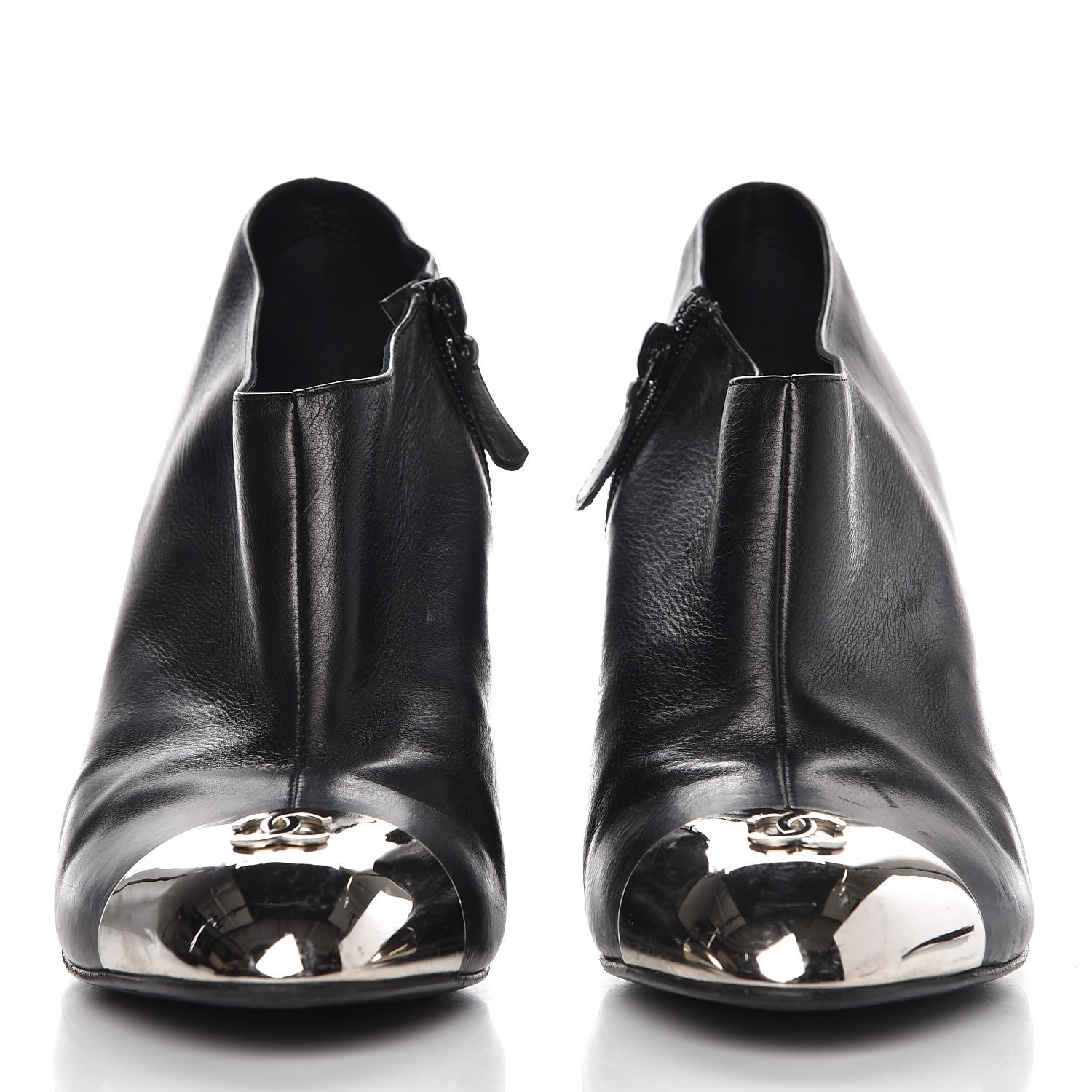 Chanel Calfskin CC Cap Toe Ankle Boots 40 Black Silver 2 of 10