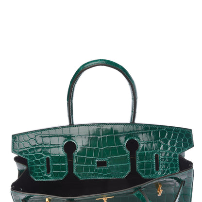 Hermes Shiny Niloticus Crocodile Horseshoe Birkin 30 Vert Emeraude Black 15 of 38