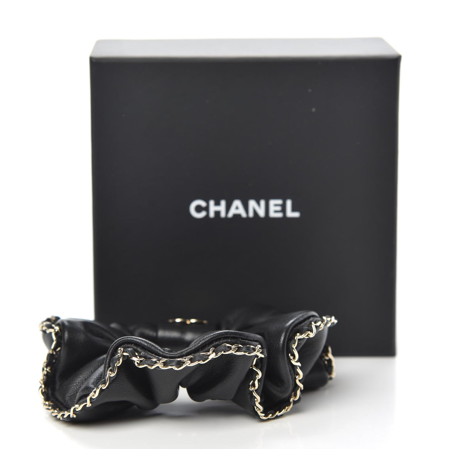 Lambskin Chain CC Hair Scrunchie Black Gold