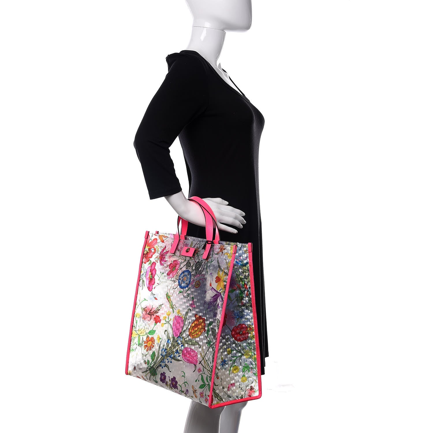 Gucci Calfskin Textured Vinyl Print Flora Tote Fluorescent Fuchsia 2 of 9