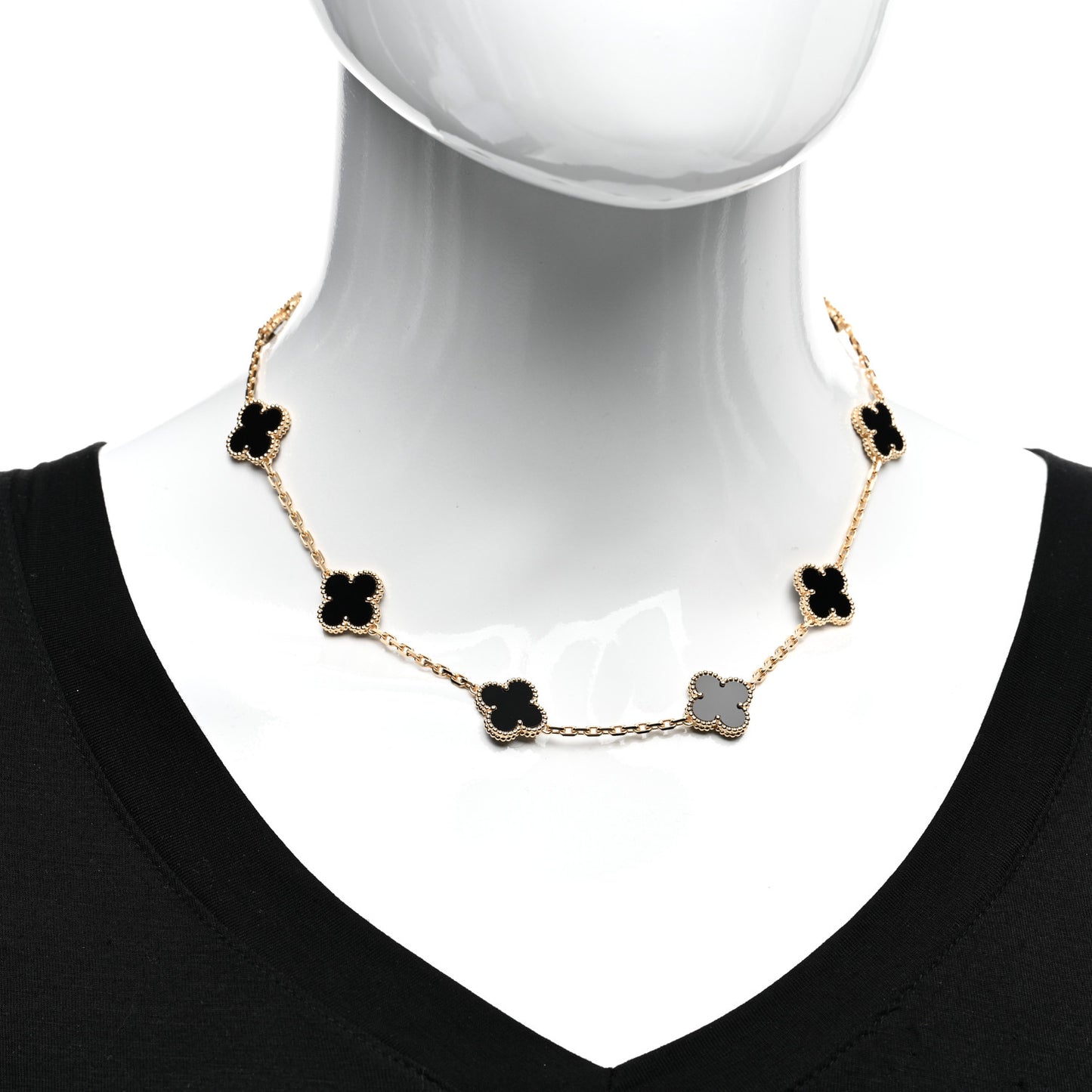 18K Yellow Gold Black Onyx 10 Motifs Vintage Alhambra Necklace