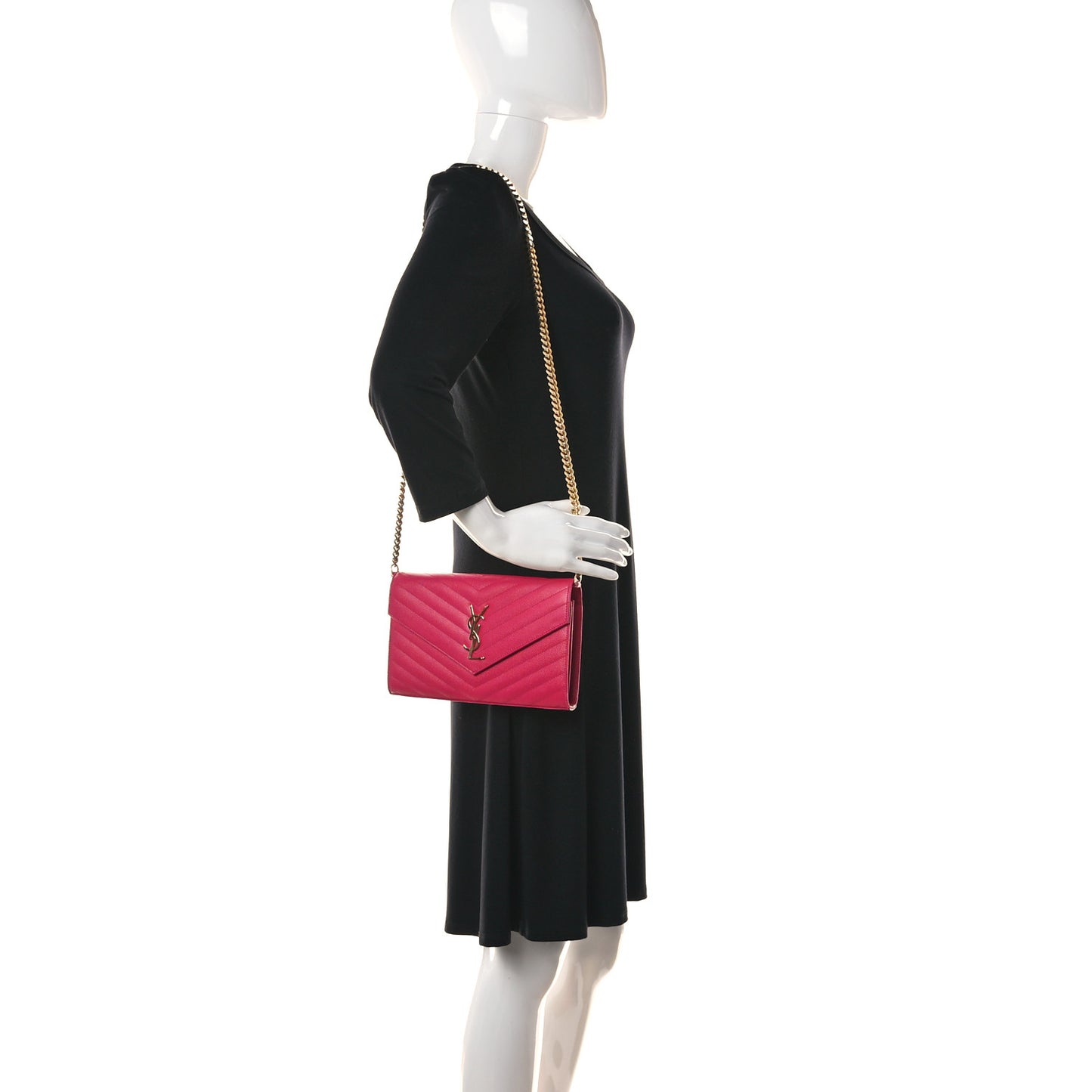 Grain De Poudre Matelasse Chevron Monogram Chain Wallet Lipstick Fuchsia