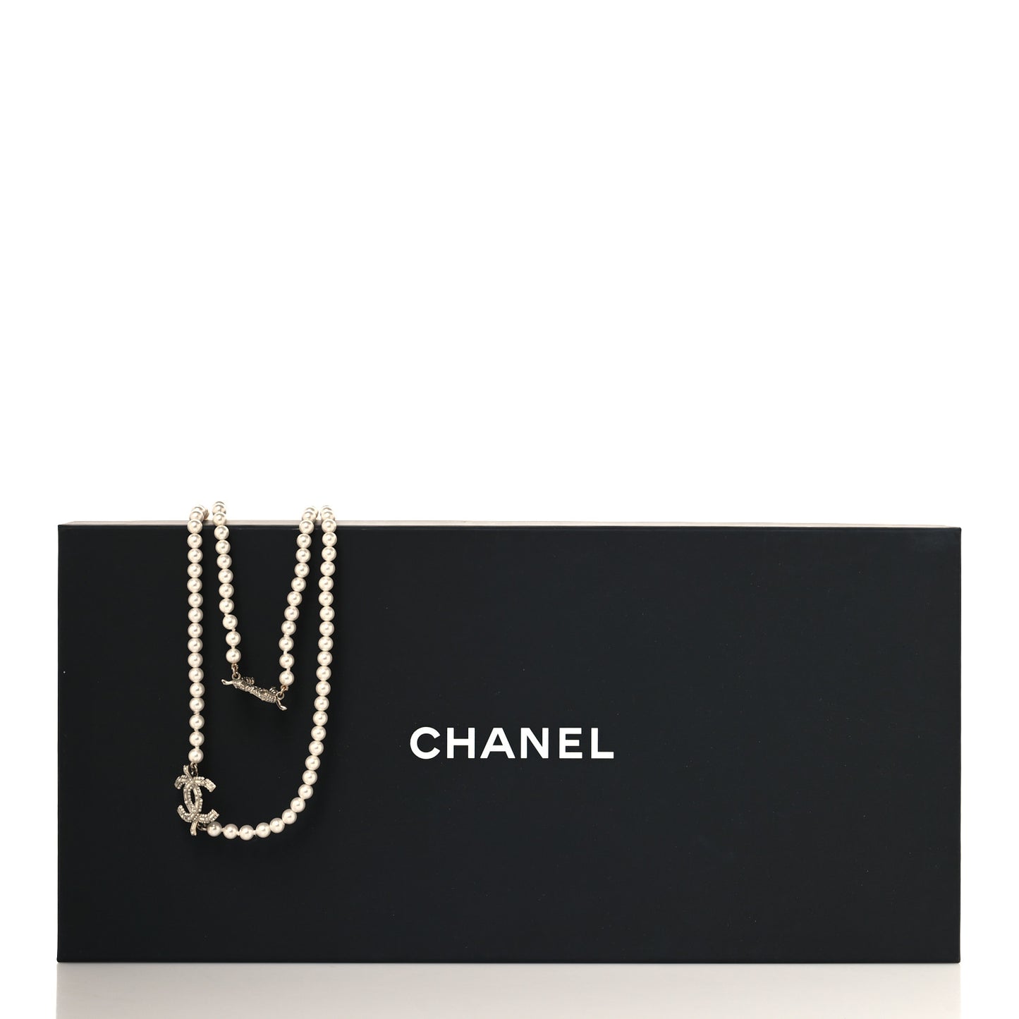 Pearl Baguette Crystal CC Long Necklace  Gold