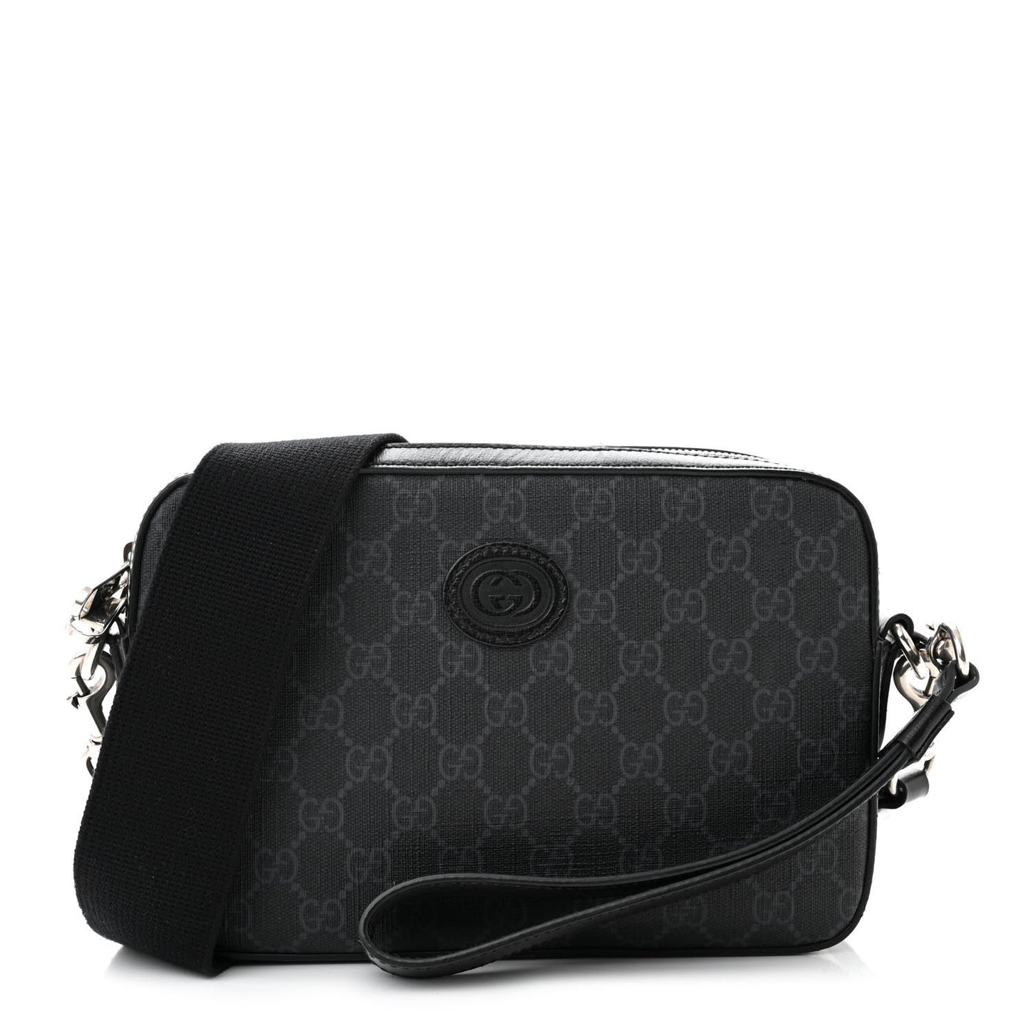 GG Supreme Monogram Azalea Calfskin Retro Interlocking G Wristlet Shoulder Bag Black
