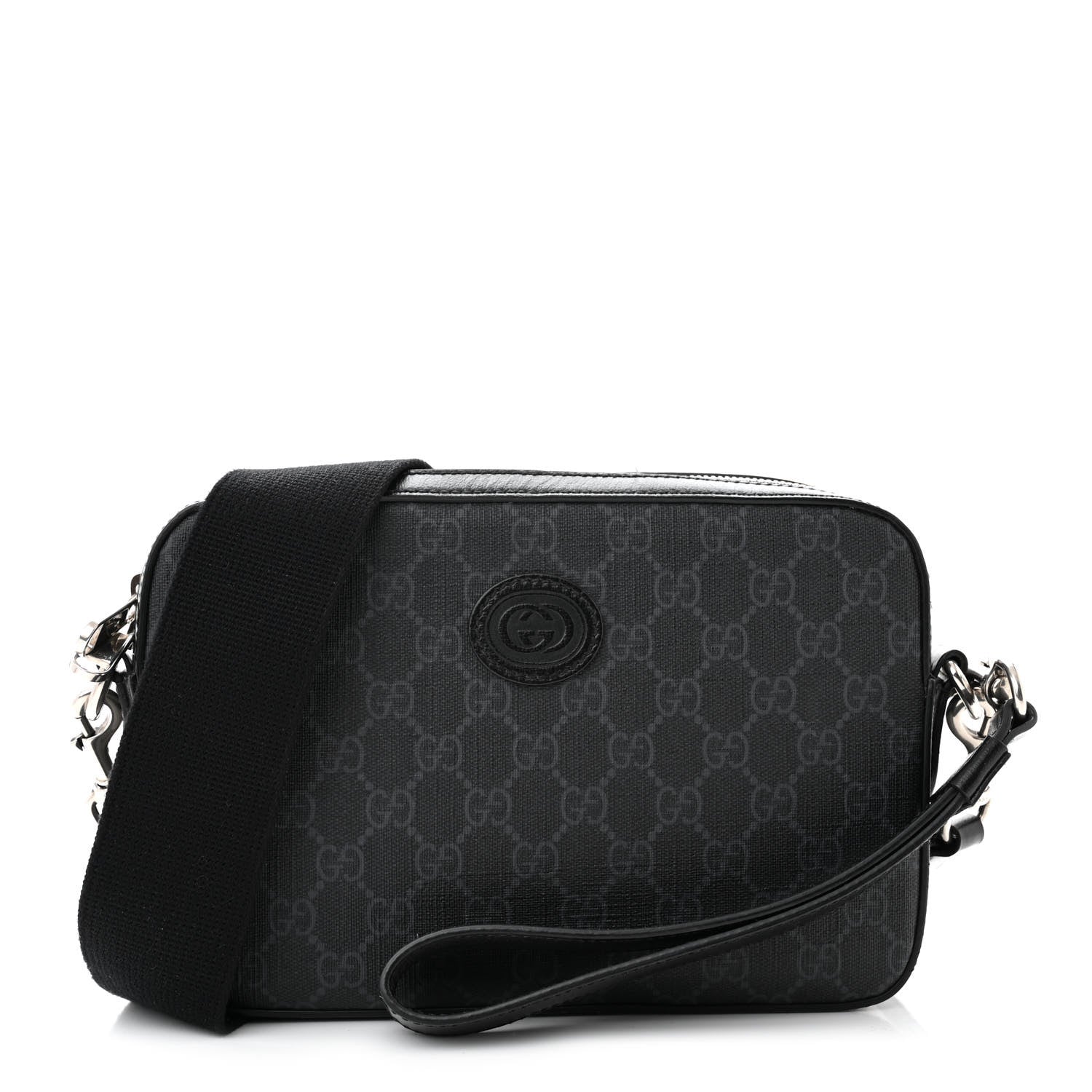 Gucci GG Supreme Monogram Azalea Calfskin Retro Interlocking G Wristlet Shoulder Bag Black 1 of 10