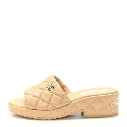 Chanel Lambskin Quilted CC Mules Wedge Sandals 39 Beige 1 of 8