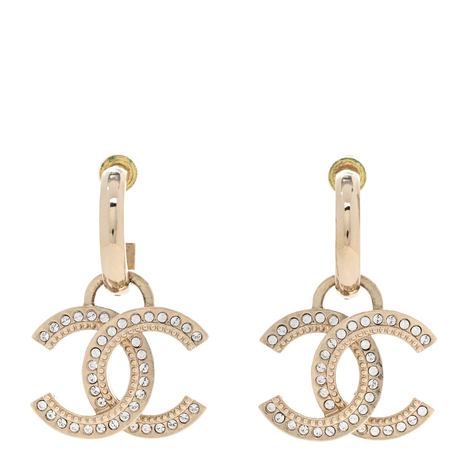 Chanel Metal Crystal Studded CC Hoop Drop Earrings Gold 1 of 4
