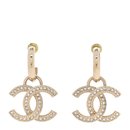 Chanel Metal Crystal Studded CC Hoop Drop Earrings Gold 1 of 4