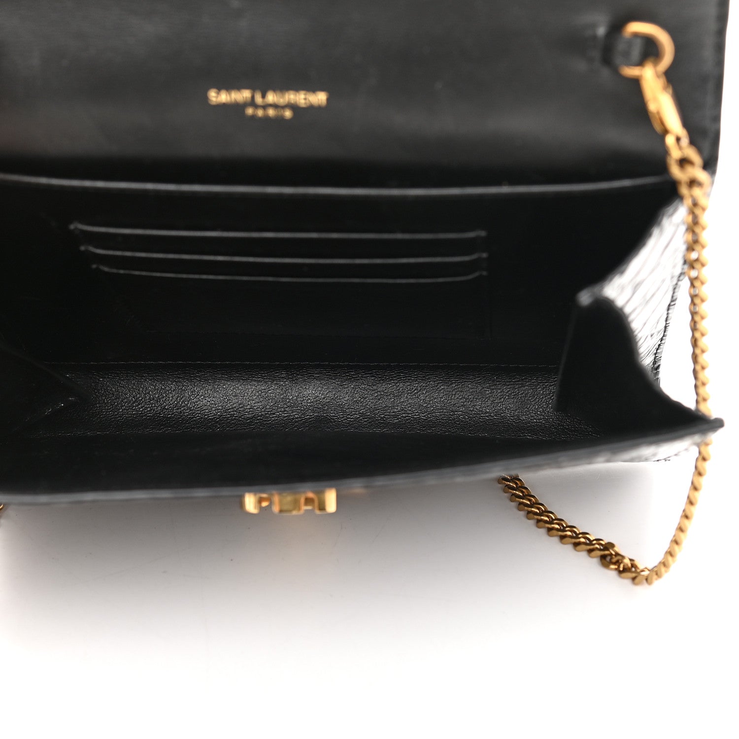 Saint Laurent Calfskin Crocodile Embossed Monogram Cassandra Chain Wallet Black 5 of 14
