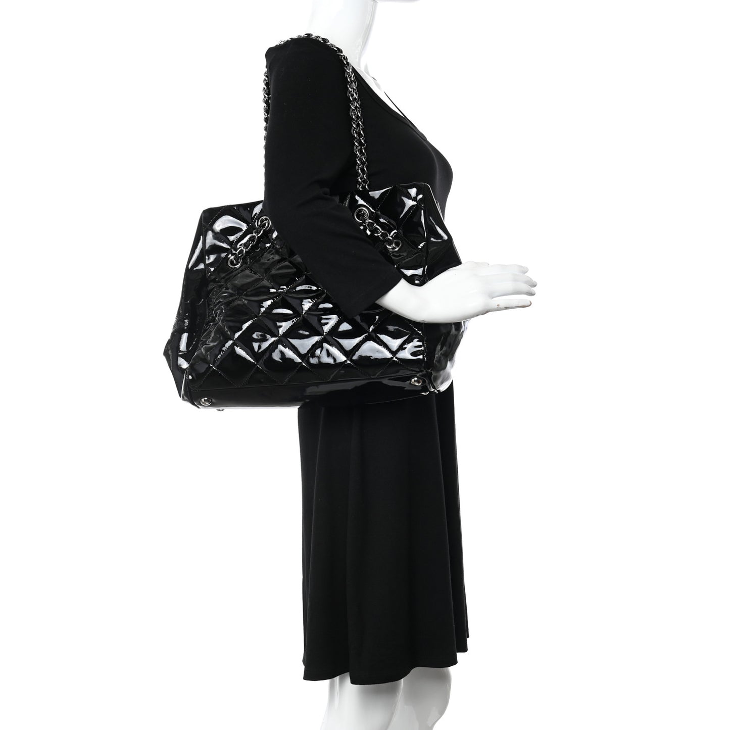 Patent Quilted Large Cells Tote Black Black