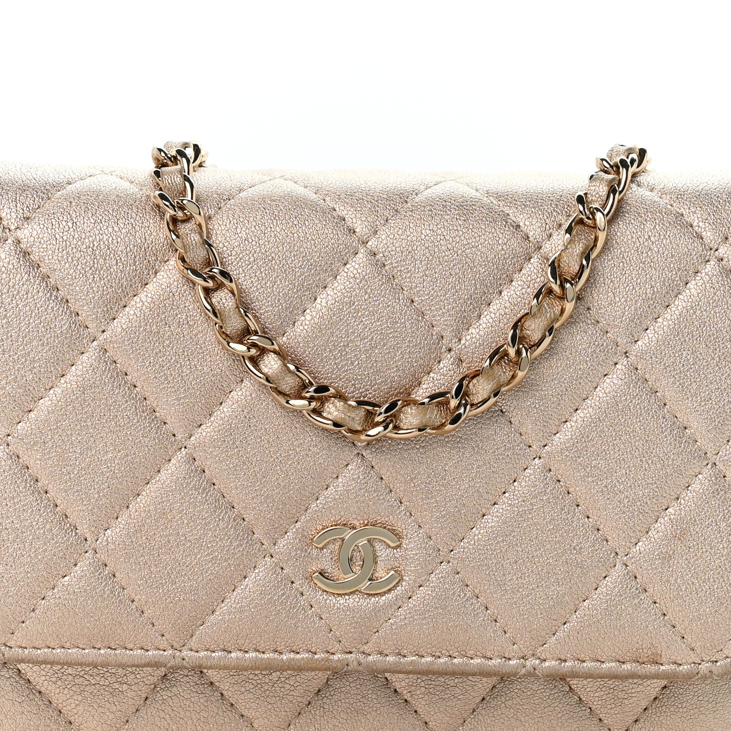 Metallic Lambskin Quilted Mini Wallet On Chain WOC Gold