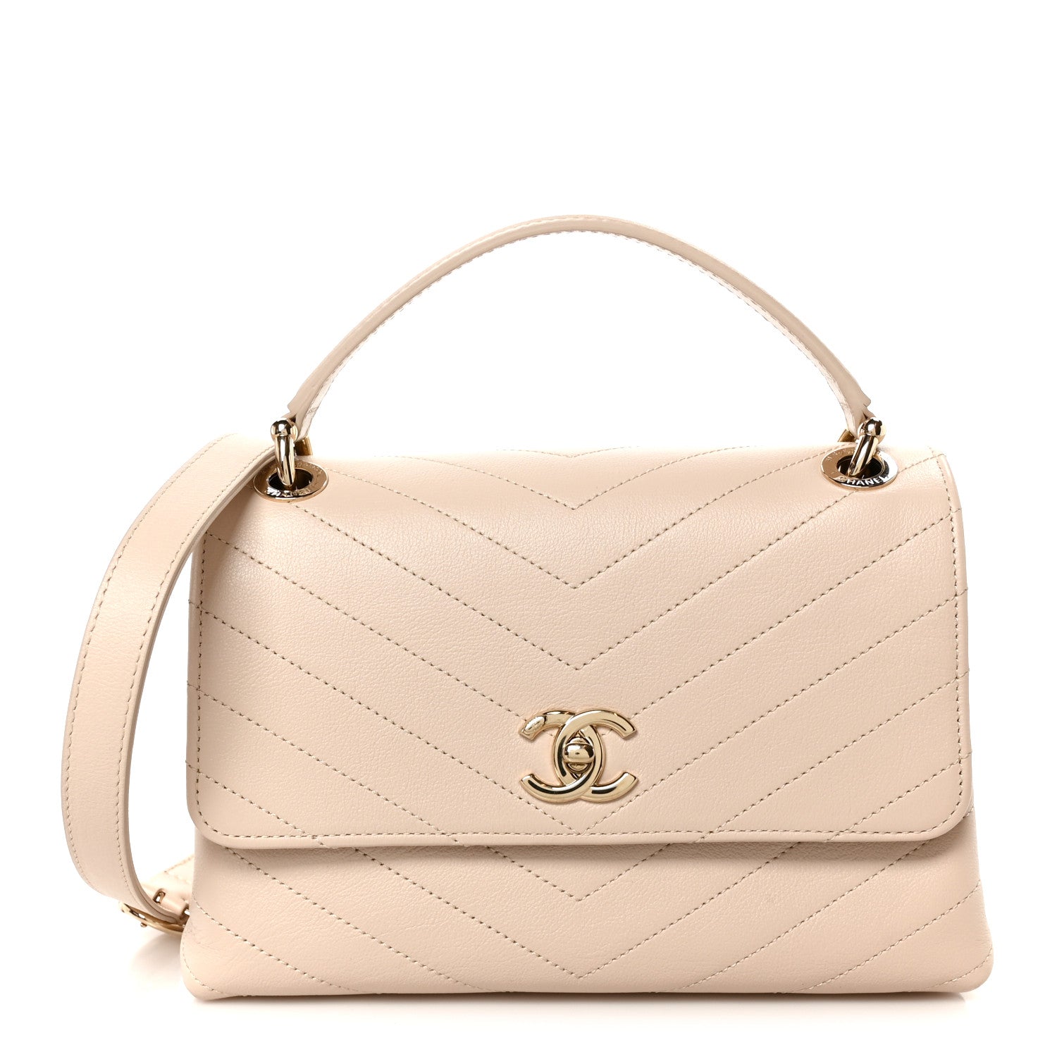 Chanel Grained Calfskin Stitched Small Chevron Chic Top Handle Flap Beige 1 of 11