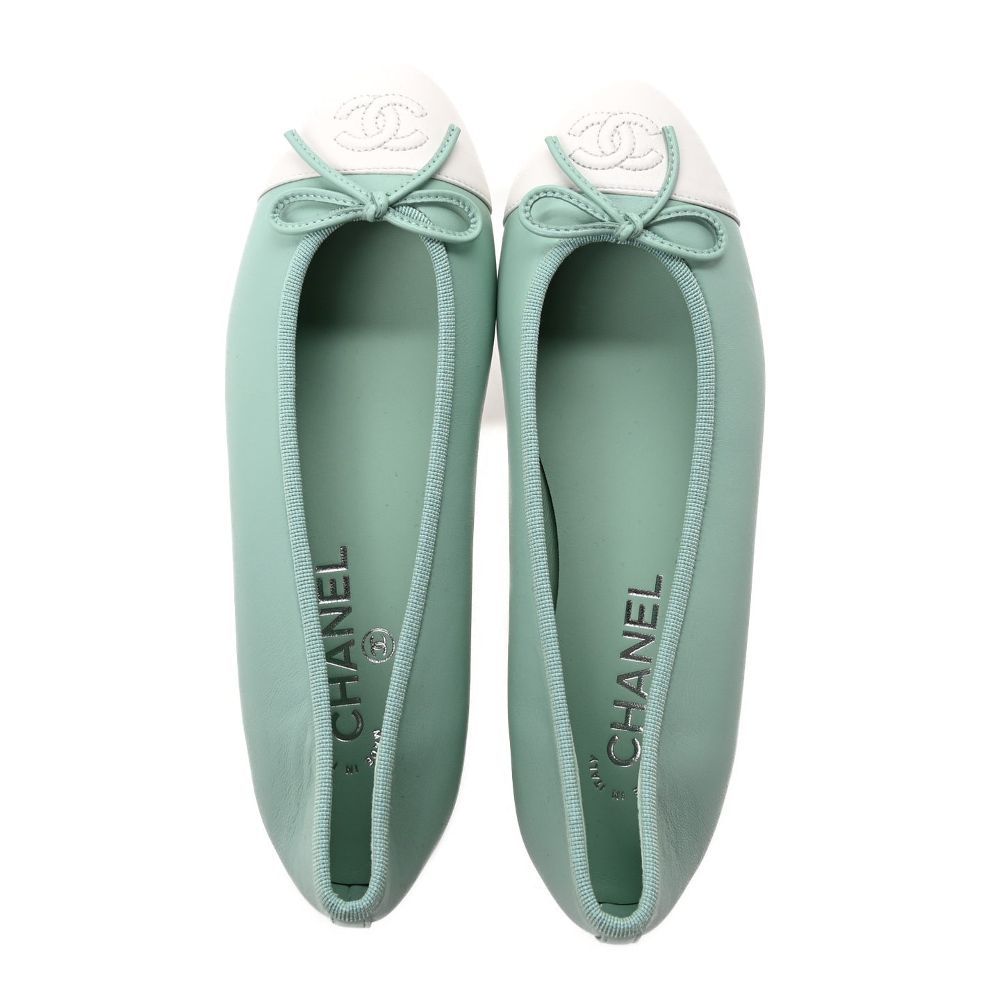 Lambskin CC Cap Toe Ballerina Flats 37 Light Green White
