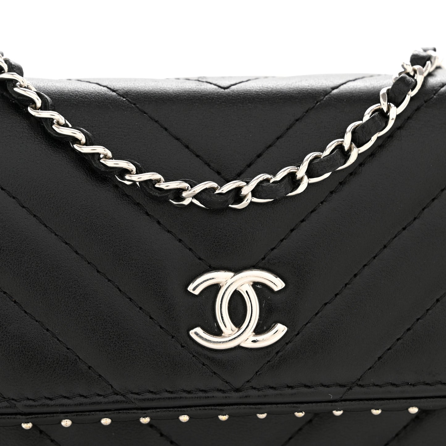 Lambskin Chevron Quilted Studded Wallet On Chain WOC Black
