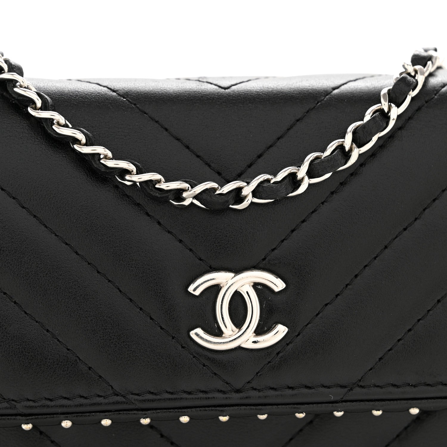 Chanel Lambskin Chevron Quilted Studded Wallet On Chain WOC Black 13 of 13