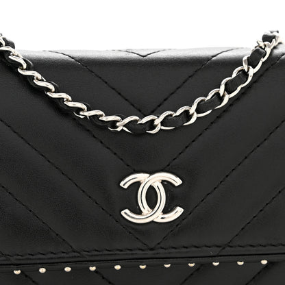 Chanel Lambskin Chevron Quilted Studded Wallet On Chain WOC Black 13 of 13