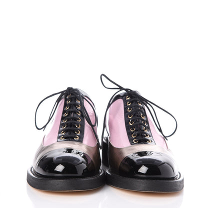 Chanel Crumpled Lambskin Patent CC Lace Up Oxfords 38 Pink Gold Black 2 of 7