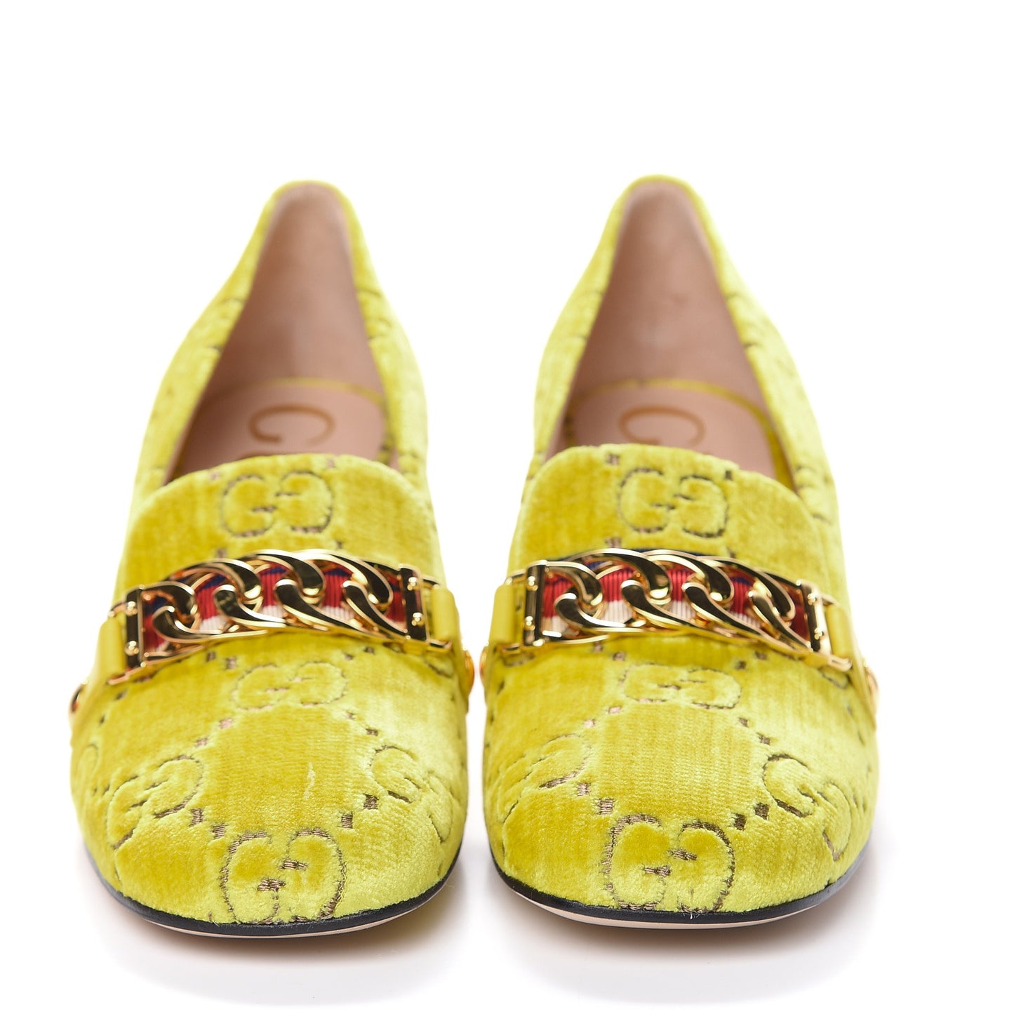 Velvet GG Monogram Sylvie Web Chain Mid Heel Loafers 36 Sunny Beige