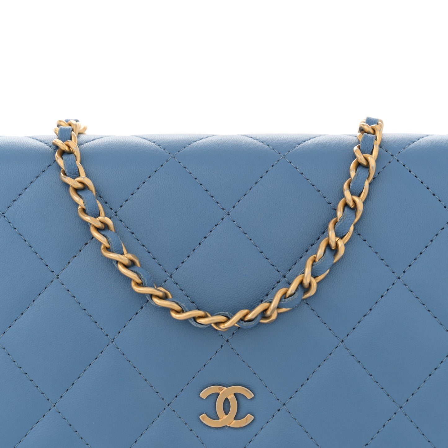 Lambskin Quilted Wallet On Chain WOC Light Blue