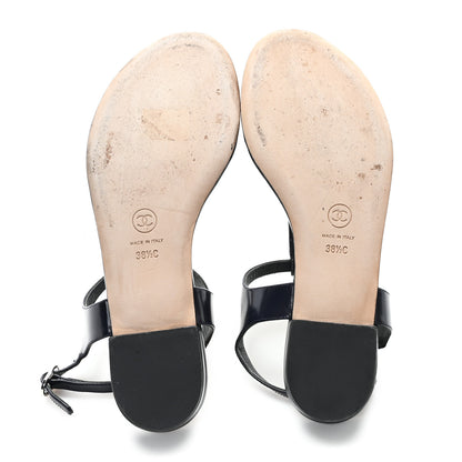 Chanel Patent Calfskin Logo Thong Sandals 38.5 Navy 6 of 8