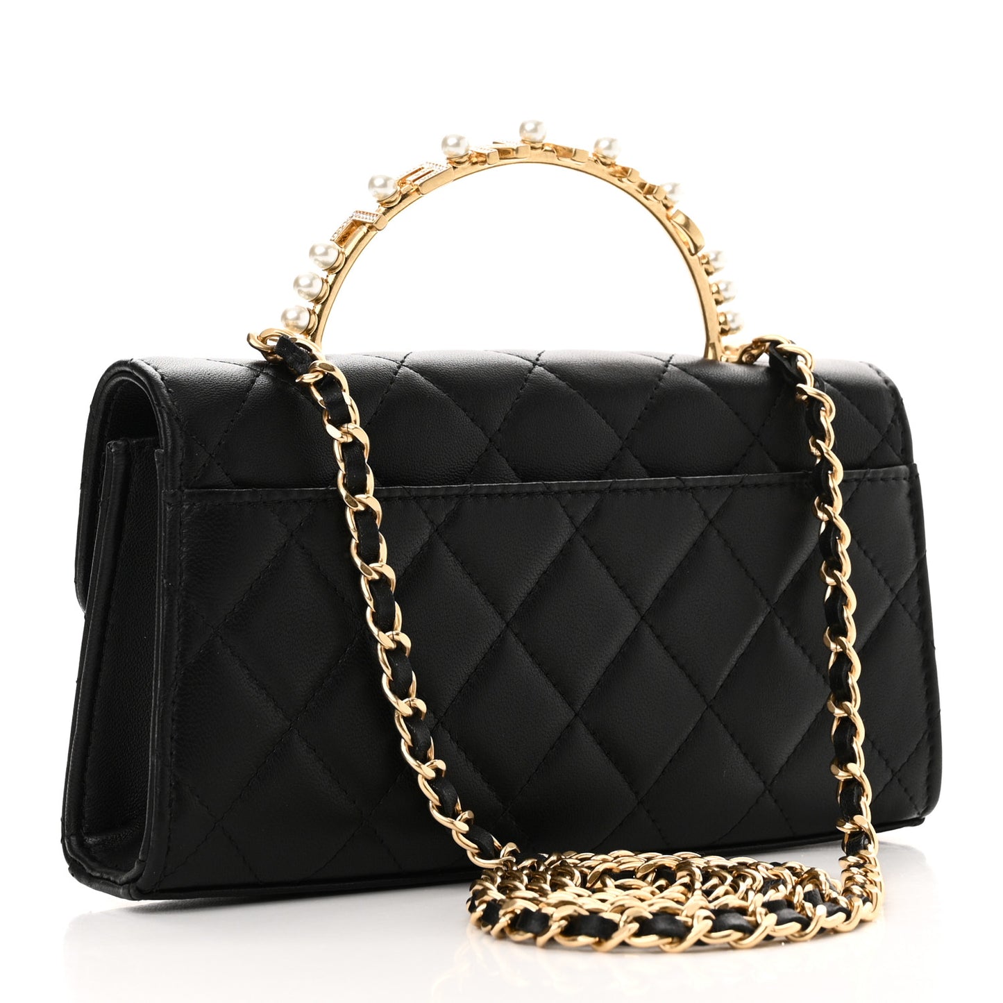 Lambskin Pearl Crystal Quilted Pearly Girl Handle Flap Phone Holder With Chain Black