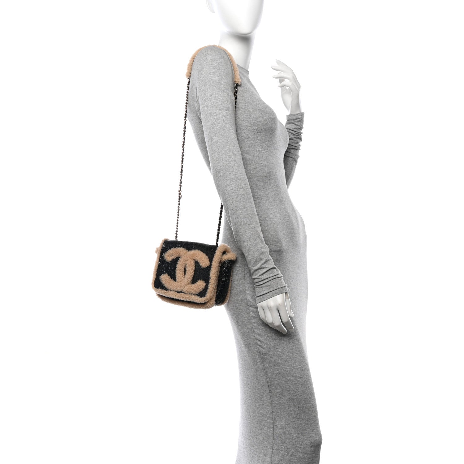 Chanel Shiny Crumpled Sheepskin Shearling CC Mania Flap Bag Black Beige 2 of 11