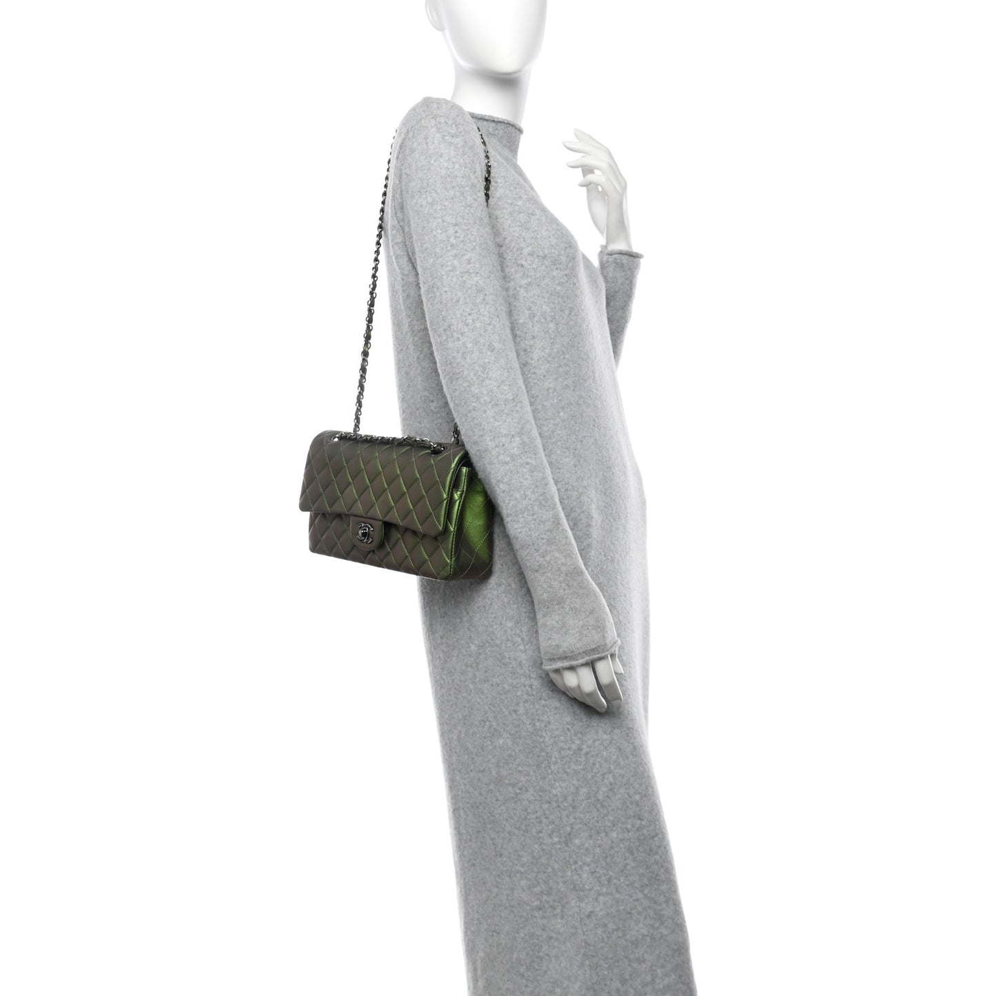 Iridescent Lambskin Quilted Medium Double Flap Green