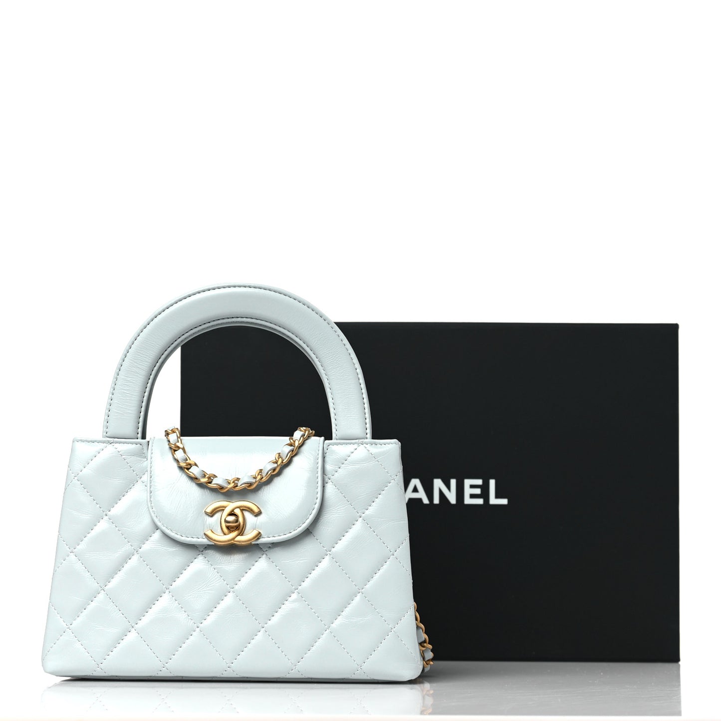 Shiny Aged Calfskin Quilted Nano Kelly Shopper Light Blue