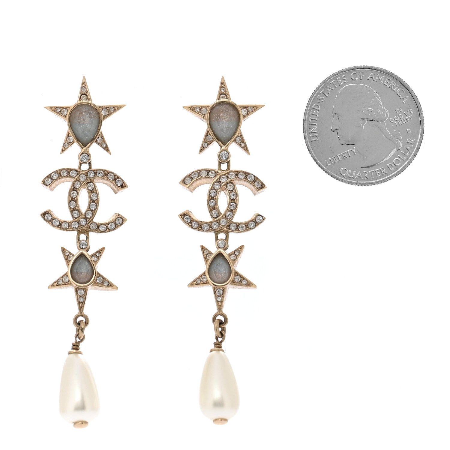 Chanel Crystal Pearl Star CC Pendant Dangle Earrings Gold Blue Pink 2 of 4