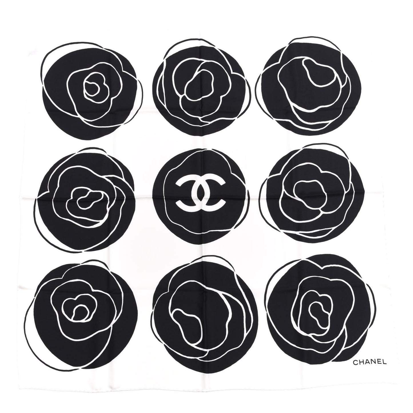 Silk CC Camellia Scarf Black White