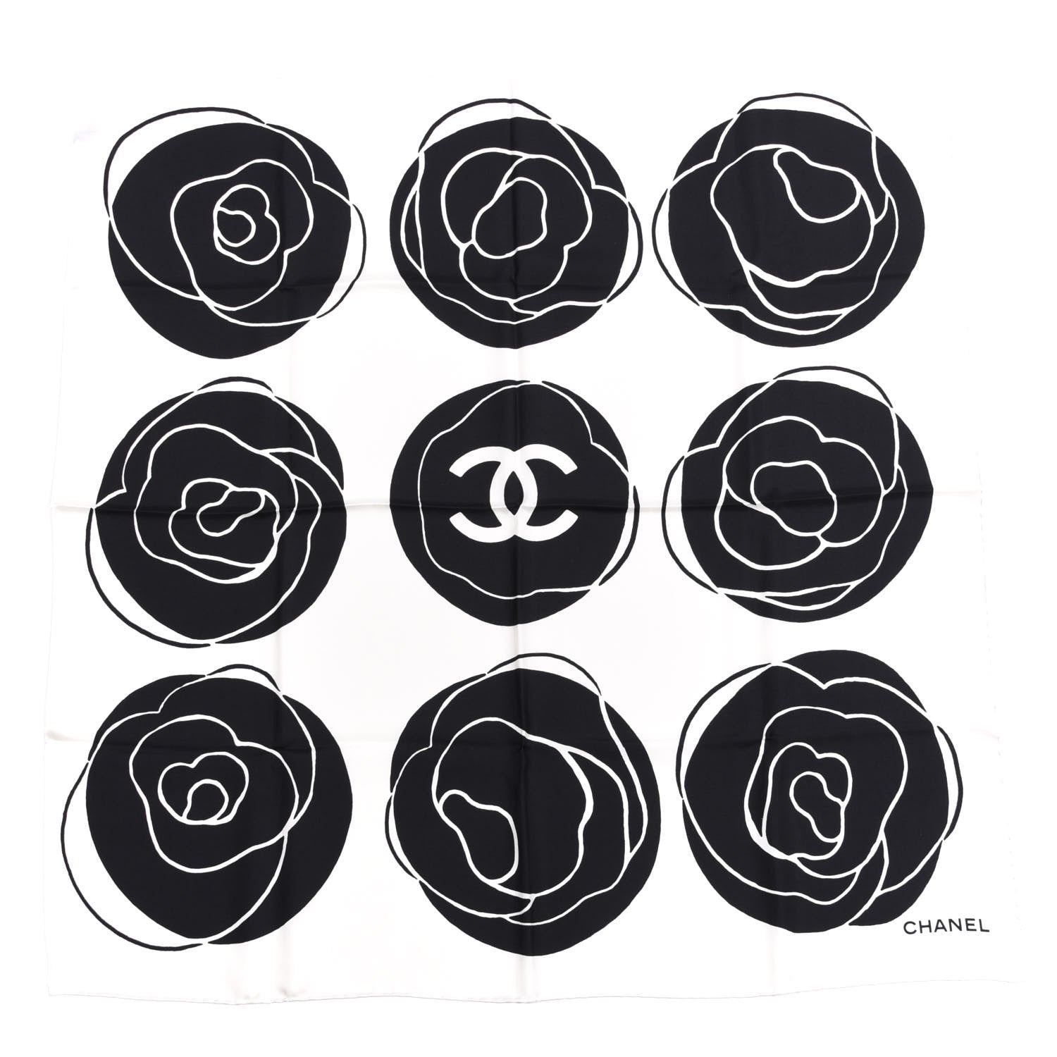 Chanel Silk CC Camellia Scarf Black White 1 of 3