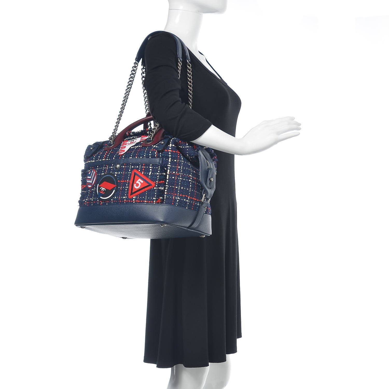 Chanel Tweed Trip Bowling Bag Navy Burgundy 2 of 9