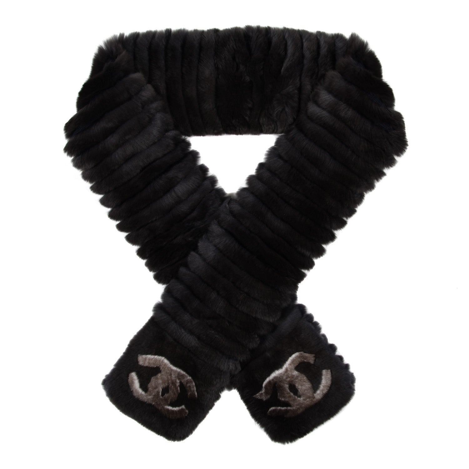 Chanel Orylag Rabbit Fur CC Scarf Black Grey 1 of 3