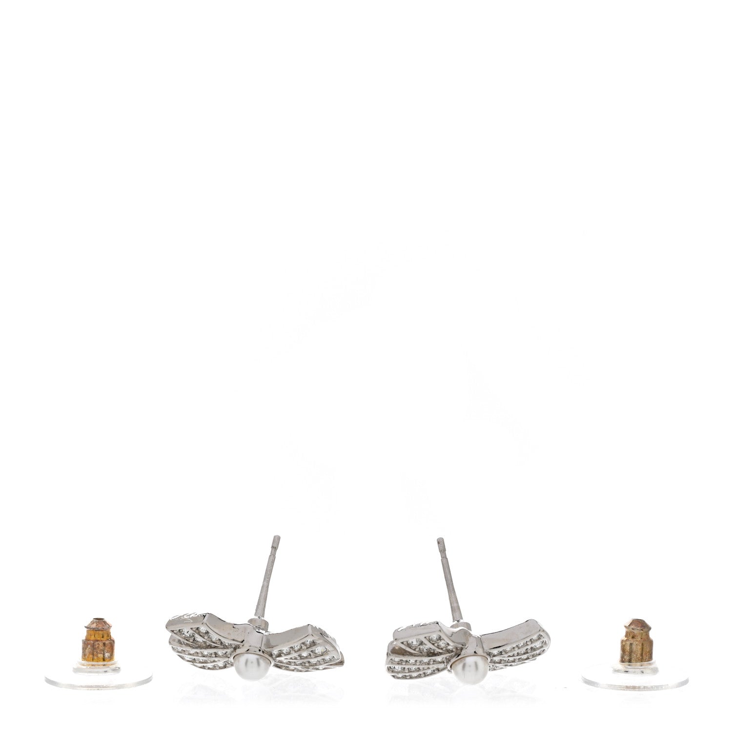 Chanel Crystal Pearl Bow CC Drop Earrings Silver 3 of 4