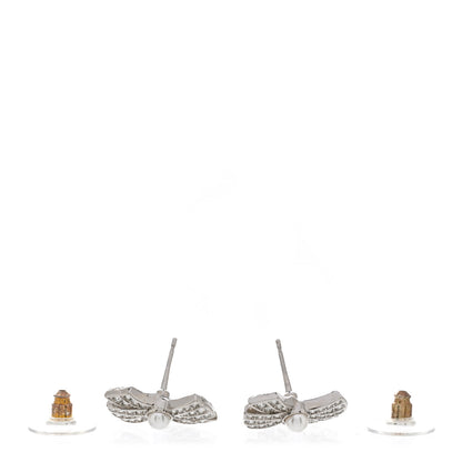 Chanel Crystal Pearl Bow CC Drop Earrings Silver 3 of 4